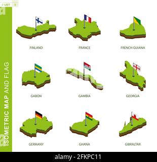 Ensemble de 9 cartes isométriques et drapeaux, vecteur 3D de forme isométrique de Finlande, France, Guyane française, Gabon, Gambie, Allemagne, Géorgie, Ghana, Gibraltar Illustration de Vecteur