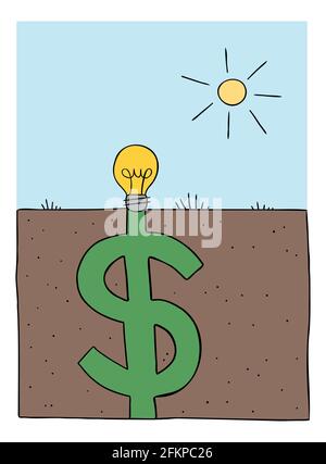 L'illustration vectorielle de dessin animé de l'idée d'ampoule est plantée dans le sol, et il se remplit comme un grand dollar sous le sol. Illustration de Vecteur