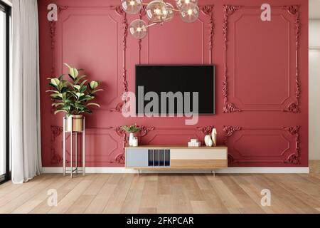 Rouge bonbon lambris avec TV design et décor, usine, éclairage, intérieur design idée . Banque D'Images