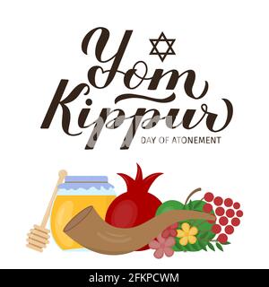 Yom Kippur jour d'expiation calligraphie lettrage à la main avec des symboles juifs traditionnels. Affiche typographique des fêtes d'Israël. Modèle vectoriel facile à modifier Illustration de Vecteur