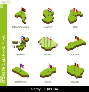 Ensemble de 9 cartes isométriques et drapeaux, vecteur 3D forme isométrique de Papouasie-Nouvelle-Guinée, Paraguay, Pérou, Philippines, Pologne, Portugal, Porto Rico, Qatar, ROM Illustration de Vecteur