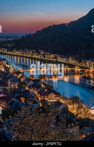 Panorama de Heidelberg avec la vieille ville, le vieux pont et la rivière Neckar après le coucher du soleil. Bel éclairage. Verticale. Banque D'Images