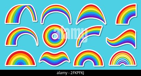 Ensemble abstrait vectoriel arc-en-ciel de style minimaliste pour les plats, les vêtements, les cartes de vœux, les bannières publicitaires, les autocollants. Arcs-en-ciel de différentes formes. Illustration de Vecteur