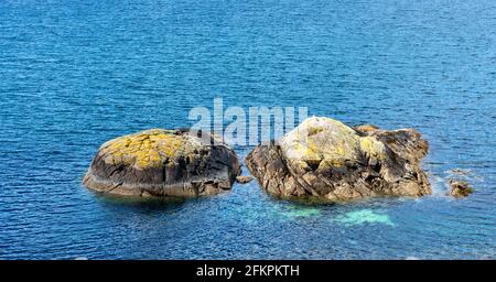 SHIELDAIG WESTER ROSS HIGHLANDS ECOSSE LA RIVE DU LOCH SHIELDAIG ET DEUX GRANDES ROCHES COUVERTES DE LICHEN JAUNE Banque D'Images