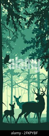Bannière verticale du paysage forestier. Renard et hibou dans la forêt de brume magique. Silhouettes d'arbres et d'animaux. Fond bleu, vert, noir, illustration. Illustration de Vecteur