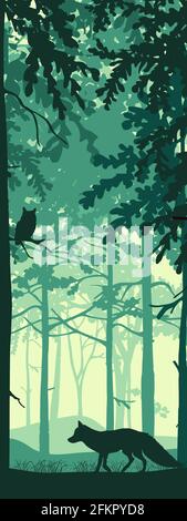 Bannière verticale du paysage forestier. Renard et hibou dans la forêt de brume magique. Silhouettes d'arbres et d'animaux. Fond bleu, vert, noir, illustration. Illustration de Vecteur