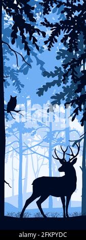Bannière verticale de cerfs avec bois posant, arrière-plan de la forêt, silhouettes d'arbres, neige, hiver. Paysage magique et brumeux. Illustration bleue. Bibliothèque Illustration de Vecteur