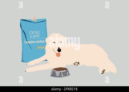 Chien domestique allongé à côté d'un bol et d'un sac de nourriture secs. Modèle d'annonce de repas pour animaux de compagnie. Style plat. Illustration vectorielle Illustration de Vecteur