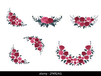 Ensemble de belles roses rouges et roses arrangement avec des feuilles vertes et vecteur isolé sur fond blanc. Élément floral coloré pour mariage, Illustration de Vecteur