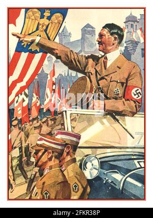 Adolf Hitler dans l'uniforme paramilitaire de sa des années 1930. Affiche Illustration d'Hitler portant le brassard de Swastika Reichsparteitag Nuremberg Rally avec les chemises brunes de Sturmabteilung 1937 artiste Ludwig Hohlwein Banque D'Images