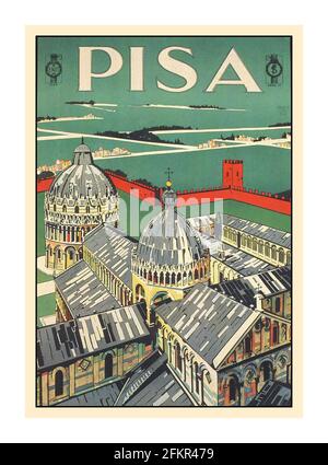 Vintage 1920's Travel Poster 'Pisa' Italie par ENIT officiel Bureau de Voyage italien Pise Italie. Avec place des miracles une zone fortifiée de 8.87 hectares située à Pise, Toscane, Italie, reconnu comme un centre important de l'art médiéval européen et l'un des plus beaux complexes architecturaux du monde, célèbre pour la Tour penchée de Pise. Banque D'Images