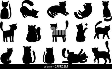 Silhouettes de chat amusantes. Les chats noirs jouent et chassent, mentent et sautent. Vector drôle mewing chatons silhouette ensemble isolé sur fond blanc Illustration de Vecteur