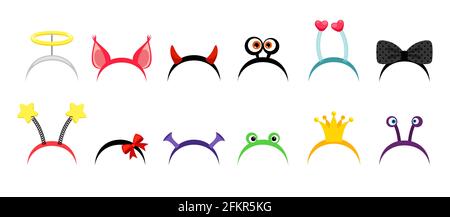 Photocabine cheveux de cerceaux. Bijoux amusants pour les filles avec couronne, arcs et cornes. Ensemble d'accessoires pour têtes Vector FANTASY Illustration de Vecteur