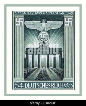 Vintage art stamp préparé Nazi propaganda Porte de Brandebourg Berlin Allemagne nazie 10e anniversaire de la prise du pouvoir par Hitler nazi d'art pour 1933-1943 Deutsches Reich timbre premier jour d'émission Jan 1943 Graphiques par G. Klein Banque D'Images