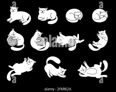 Personnage de chat en forme de doodle blanc. Illustration de vecteur de chats domestiques mignons, esquisse de chatte drôle, couché et dormant dessiné à la main, sautant et jouant des chatons sur fond noir Illustration de Vecteur