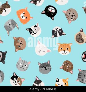 Motif de caractères CATS. Jolis visages de chat sans couture motif, peint couleur chatons texture vectorielle Illustration de Vecteur