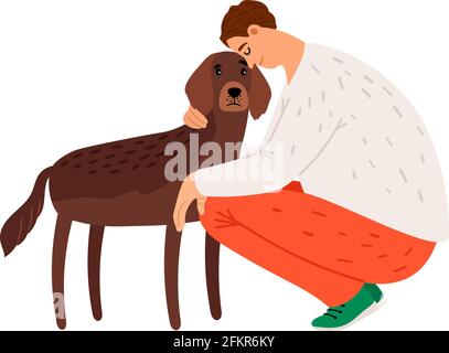 Homme câlins de la mise en place. Chien et propriétaire. Isolé homme fatigué avec son animal de compagnie. Chiot amoureux personnage vecteur Illustration de Vecteur