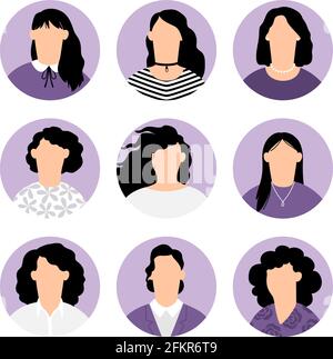 Femmes avatars sans visage. Lilas femelle portraits anonymes humains, femme ronde vecteur profil icônes avatar, site web utilisateurs tête images Illustration de Vecteur