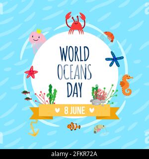 Affiche de la journée mondiale des océans. Bannière vectorielle avec animaux et plantes sauvages de la mer Illustration de Vecteur