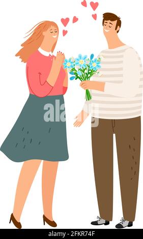 L'homme donne des fleurs. Fille garçon en amour. Couple heureux, réunion de jeunes. Illustration de vecteur de date ou de famille Illustration de Vecteur