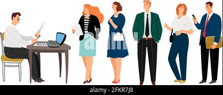 Secrétaire masculin. File d'attente de l'administrateur ou du travailleur social et des personnes. L'homme prend des documents, les hommes d'affaires attendent une illustration vectorielle Illustration de Vecteur