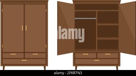 armoire en bois. Illustration vectorielle de commode vide en bois, worderobe avec tiroir, étagères et support de cintres pour la conception intérieure de la chambre, armoire plate ouverte à vidage marron Illustration de Vecteur
