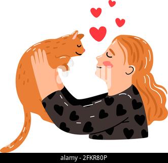 Femelle Calins Chat Dessin Anime Jeune Femme Avec Sourire Enserrer Animal Fille Adorable Cuddling Avec Chaton Illustration Vectorielle Famille Heureuse Et Coeurs Rouges Isoles Sur Fond Blanc Image Vectorielle Stock Alamy