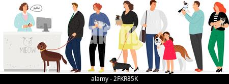 Personnes en clinique vétérinaire. Hôpital pour animaux de compagnie. File d'attente longue pour l'administrateur ou le médecin. Homme femme avec chiens et chats illustration vectorielle Illustration de Vecteur