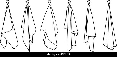 Icônes de la ligne de serviettes de l'hôtel. Dessin animé articles propres pour la salle de bains, main tirée suspendre mignon blanc coton articles textiles pour sécher, illustration vectorielle des serviettes isolées sur fond blanc Illustration de Vecteur