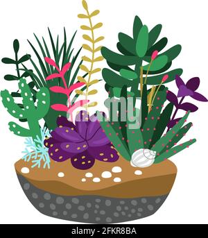 Caricatures succulentes. Composition de cute cactus et branches avec feuilles, dessin à la main nature florale, vecteur d'illustration concept de jardinage isolé sur fond blanc Illustration de Vecteur