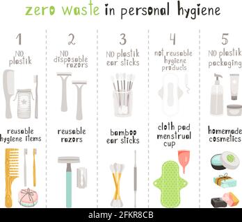 Zéro déchet hygiène. Soins personnels avec articles écologiques naturels durables et réutilisables sans plastique, brosse à dents et peigne en bois, bâtonnets en bambou et objets cosmétiques faits maison Illustration de Vecteur