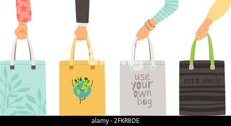 Aucun sac de déchets. Bras tenant son propre poster de sac réutilisable, articles durables dessinés à la main sans plastique isolé sur fond blanc Illustration de Vecteur