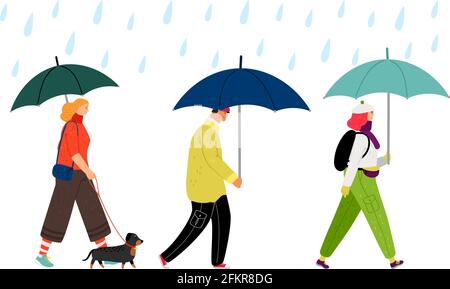 Personnes marchant sous la pluie. Météo d'automne, homme femme avec illustration vectorielle parapluie Illustration de Vecteur