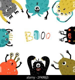 Cadre de dessin animé Monsters. Mascotte humour personnages modèle rond, petits symboles drôles de fureur d'horreur, créatures mignons avec des visages amusants pour les invitations de partie Illustration de Vecteur