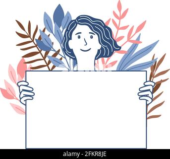 Femme avec affiche vide. Illustration vectorielle blanc dame tient une bannière vierge sur le fond de branches abstraites colorées décoratives isolées sur blanc Illustration de Vecteur