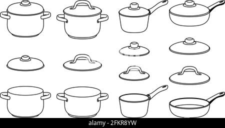 Déplace les icônes d'esquisse. Lignes dessinées à la main éléments de casserole pour la cuisine, dessins animés noirs silhouettes de pots objets, illustration vectorielle de la cuisson des articles esquissés ensemble isolé sur fond blanc Illustration de Vecteur