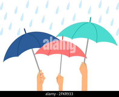 Mains tenant des parapluies. Protection contre la pluie, automne ou hiver par temps humide. Parapluie et gouttes d'eau, illustration vectorielle de saison Illustration de Vecteur