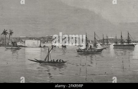 Histoire de l'Afrique. 19e siècle. Loanda. Saint Paul de Loanda. Panorama du port. Gravure. El Congo y la Creación del Estado Independiente de este nombre. Historia de los Trabajos y Exploraciones Verificados (le Congo et la fondation de son État libre. Une histoire de travail et d'exploration), par Henry M. Stanley. Édité à Barcelone, ca. 1890. Espagne. Banque D'Images