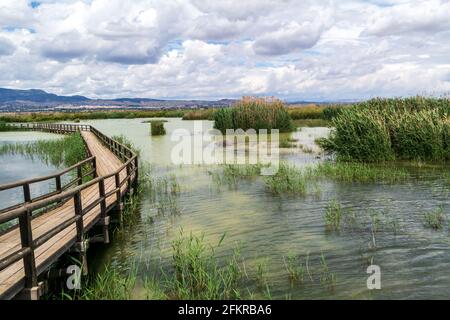 Passerelles au-dessus des lacs du Parc naturel el Fondo en Espagne Banque D'Images