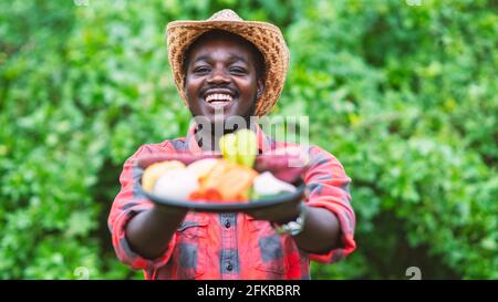 Sourire fermier africain tenant le paquet de légumes. Légumes biologiques prêts à servir dans le service de livraison de salades Banque D'Images