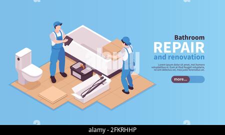 Banderole horizontale de bain de réparation isométrique avec les caractères des ouvriers installés mobilier de salle de bain texte modifiable et illustration vectorielle de bouton Illustration de Vecteur