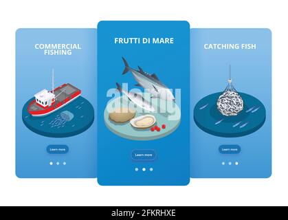 Ensemble de trois bannières isométriques verticales pour la production de fruits de mer dans l'industrie du poisson avec boutons cliquables texte et images illustration vectorielle Illustration de Vecteur