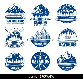 Le kayak, le rafting et le canoë-kayak sont des icônes de vecteur sportif avec kayak, canoë et radeau, pagaies, lac de montagne et rivière, équipes de kayakistes et canoës. E Illustration de Vecteur