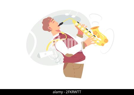 Un jeune musicien de sexe masculin joue du saxophone Illustration de Vecteur