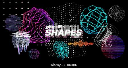Formes modernes et tendance avec effet de grésilte. 3D éléments universels dans le concept cyberpunk, futurisme rétro, vaporwave. Formes numériques abstraites, motifs, logo Illustration de Vecteur