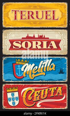 Plaques vectorielles de la province espagnole de Teruel, Soria, Melilla et Ceuta. Ville autonome d'Espagne bannières vintage et panneaux d'étain avec armoiries, couronnes et Illustration de Vecteur