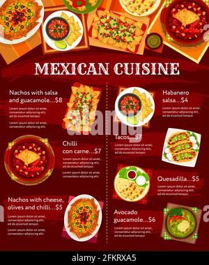 Cuisine mexicaine menu de plats, repas du Mexique et tacos traditionnels, Chili con carne et nachos, Vector. Cuisine mexicaine cuisine nachos avec guacamole a Illustration de Vecteur