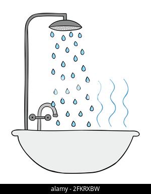 Illustration vectorielle de la douche, de la baignoire et de l'eau chaude. Contours colorés et noirs. Illustration de Vecteur