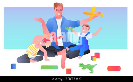 jeune père jouant avec de petits enfants à la paternité à la maison parent concept papa passer du temps avec ses enfants Illustration de Vecteur