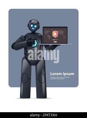 moderne robot cyborg noir tenant ordinateur portable avec protection cyber sécurité protection des données intelligence artificielle Illustration de Vecteur